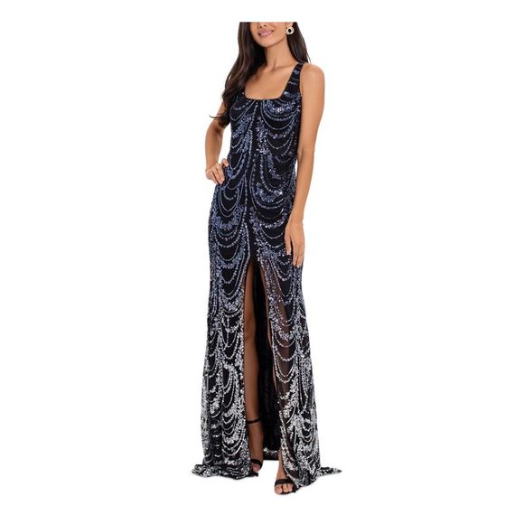 BETSY & ADAM Womens Black Ruched Slitted Open Back Floral Sleeveless V Neck Full-Length Evening A-Line Dress main image 1
